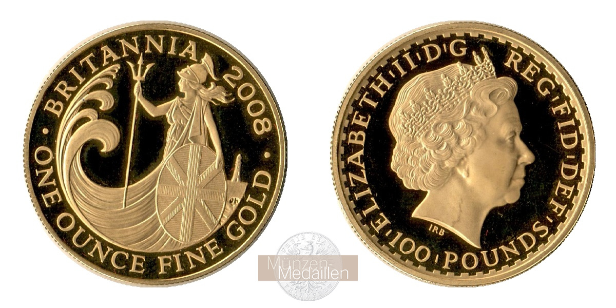 Grossbritannien MM-Frankfurt Feingold: 31,1g 100 Pounds (1oz Britannia) 2008 