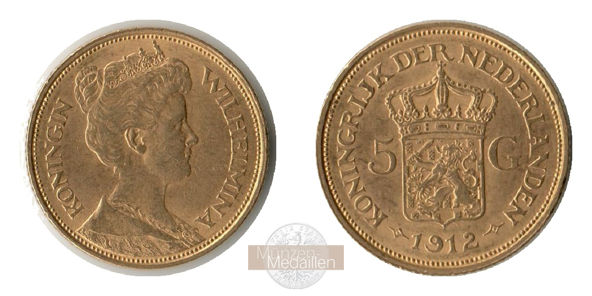 Niederlande, Wilhelmina MM-Frankfurt KM#151 Feingold: 3,02g 5 Gulden 1912 