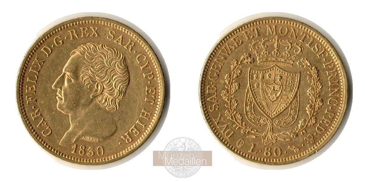 Sardinien, Karl Felix 1821-1831. MM-Frankfurt Feingold: 23,22g 80 Lire 1830 