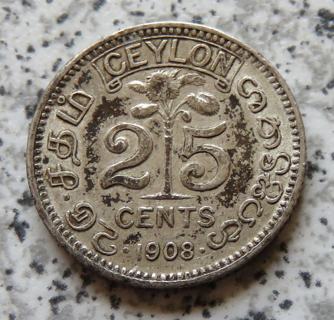  Ceylon 25 Cents 1908   