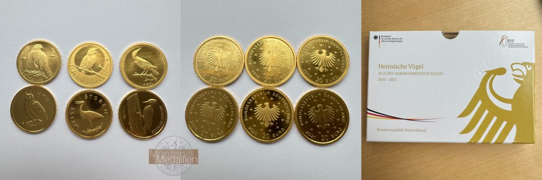 BRD  6x 20 Euro MM-Frankfurt Feingold: 23,32g Heimische Vögel 2016-2021 