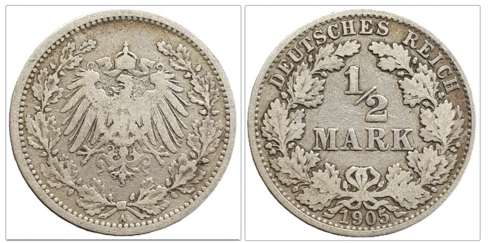  Deutschland ½ Mark, 1905 Münzzeichen: A - Berlin Silber 2,5g fein   