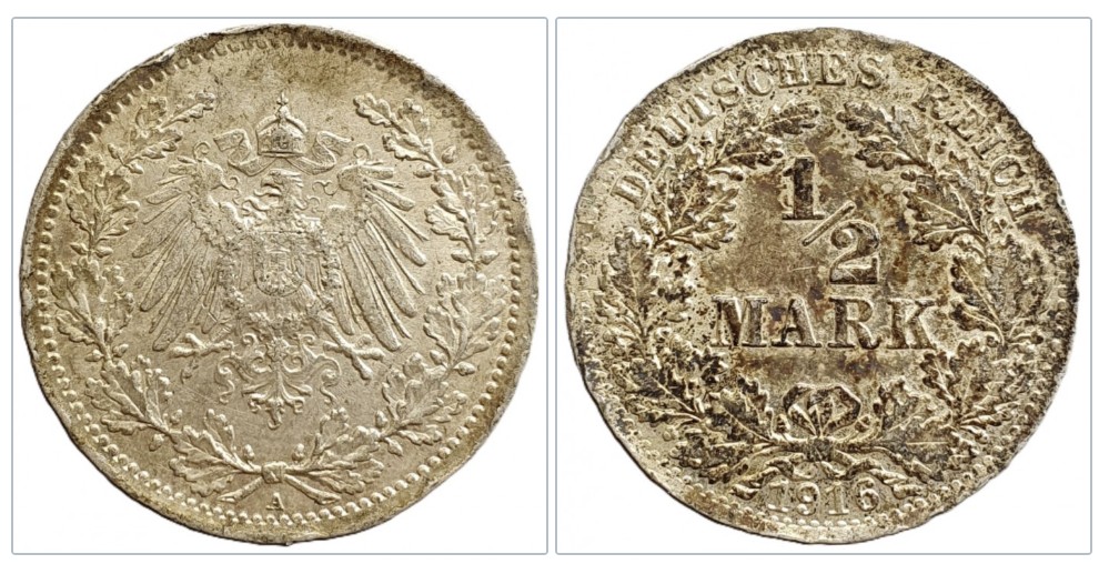  Deutschland ½ Mark, 1916 Münzzeichen: A - Berlin Silber 2,5g fein   