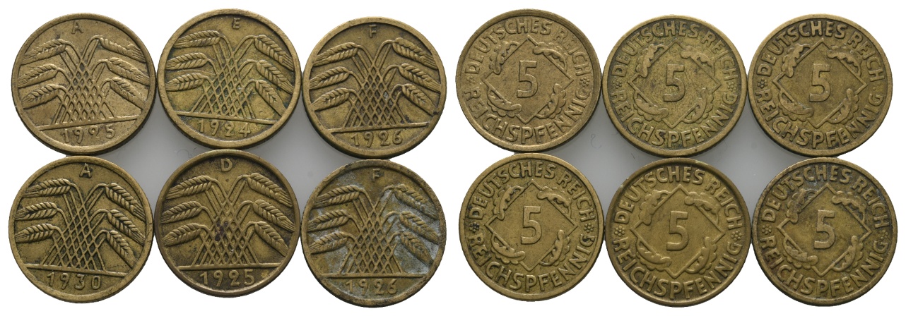  Deutsches Reich; Weimarer Republik; Lot Kleinmünzen; 5 Pfennig ( 6 Stück)   