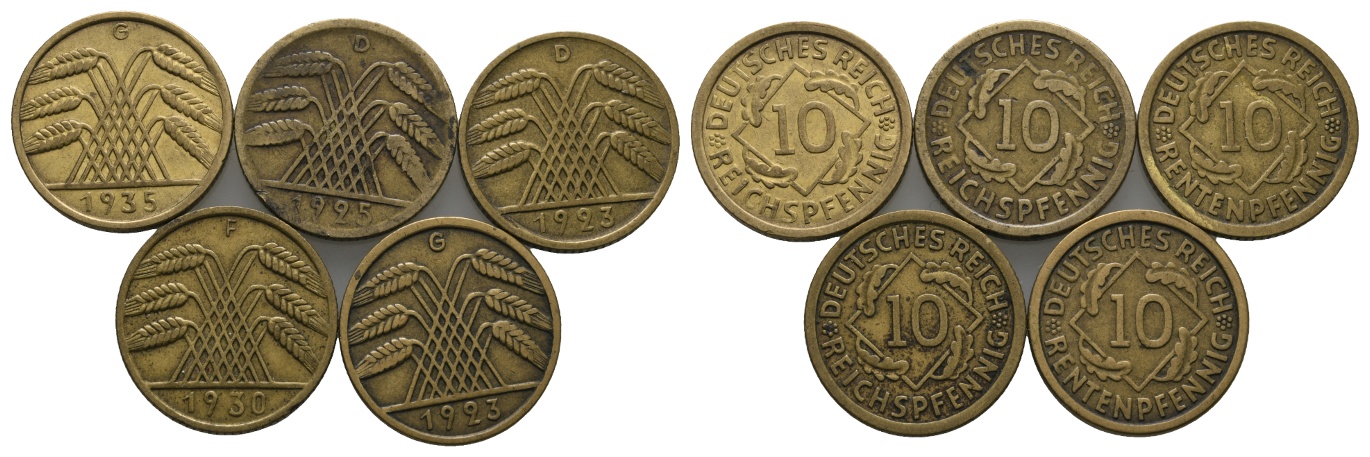  Deutsches Reich; Weimarer Republik; Lot Kleinmünzen; 10 Pfennig ( 5 Stück)   
