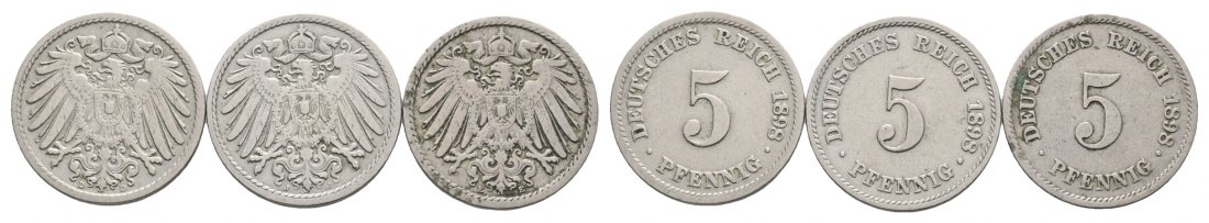  Deutsches Reich; Kaiserreich; Lot Kleinmünzen; 5 Pfennig 1898 ( 3 Stück)   