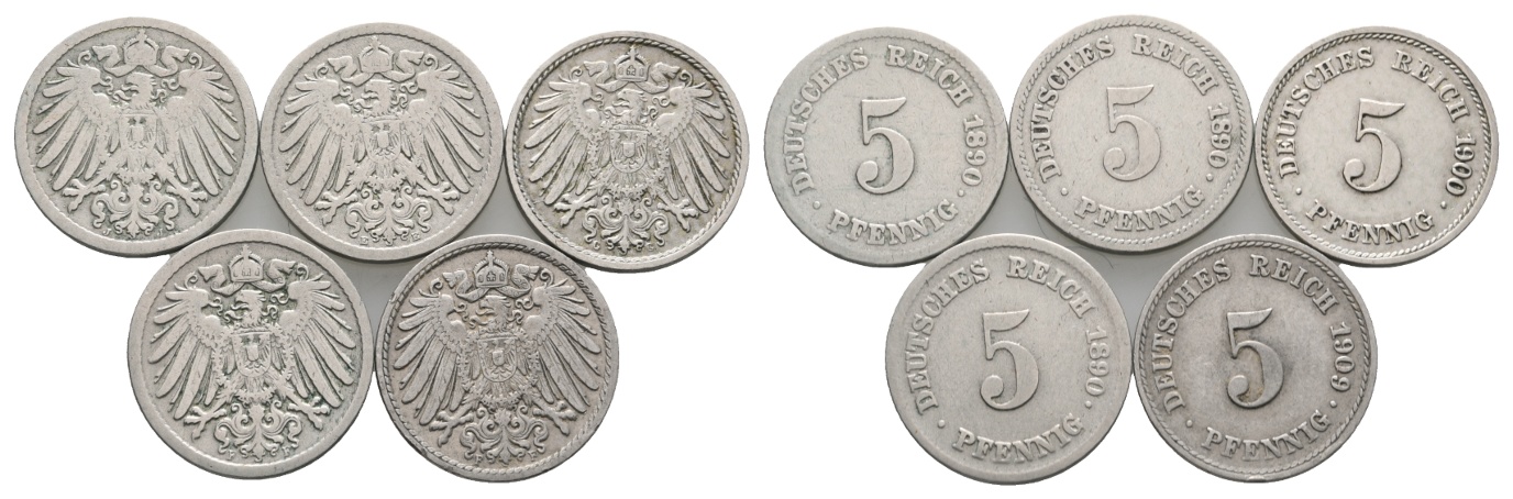  Deutsches Reich; Kaiserreich; Lot Kleinmünzen; 5 Pfennig 1890/1900/1909 ( 5 Stück)   