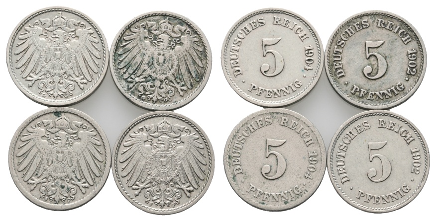  Deutsches Reich; Kaiserreich; Lot Kleinmünzen; 5 Pfennig 1902 / 1904 ( 4 Stück)   