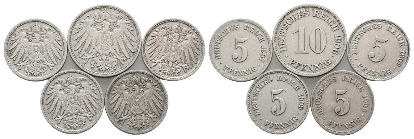  Deutsches Reich; Kaiserreich; Lot Kleinmünzen 1906 / 1907 / 1909 ( 5 Stück)   