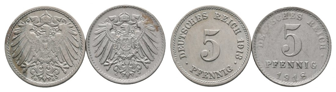  Deutsches Reich; Kaiserreich; Lot Kleinmünzen; 5 Pfennig 1913 / 1918 ( 2 Stück)   