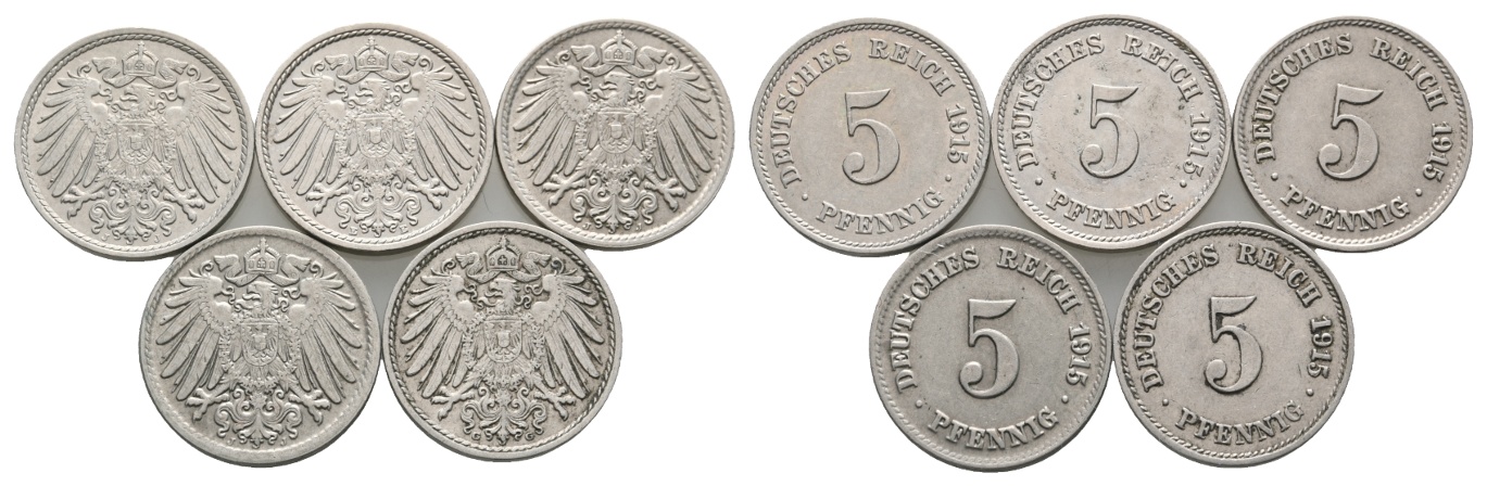  Deutsches Reich; Kaiserreich; Lot Kleinmünzen; 5 Pfennig 1915 ( 5 Stück)   