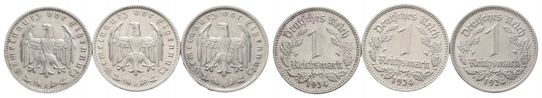  Deutsches Reich; Drittes Reich; Lot Kleinmünzen; 1 Reichsmark 1934 J / G ( 3 Stück)   