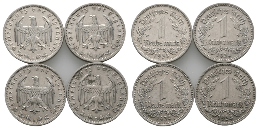  Deutsches Reich; Drittes Reich; Lot Kleinmünzen; 1 Reichsmark 1934 A / D / F / G  ( 4 Stück)   