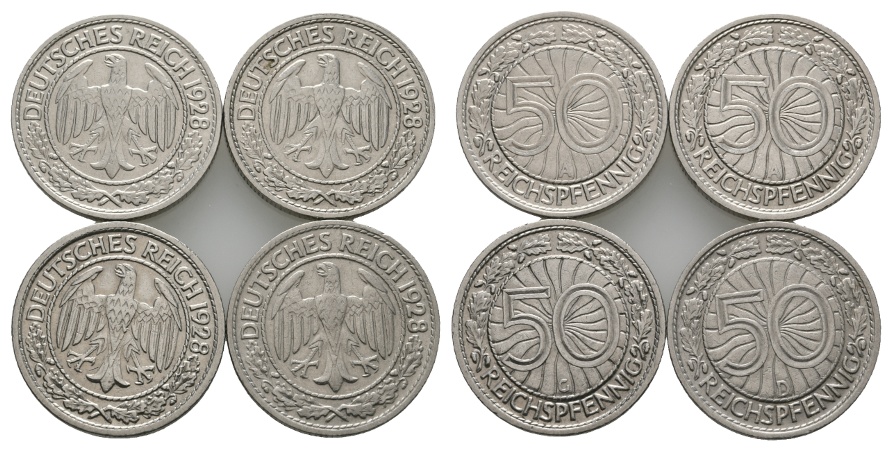 Deutsches Reich; Weimarer Republik; Lot Kleinmünzen; 50 Pfennig 1928 ( 4 Stück)   
