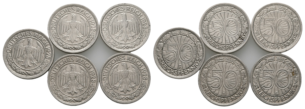  Deutsches Reich; Weimarer Republik; Lot Kleinmünzen; 50 Pfennig 1928 ( 5 Stück)   
