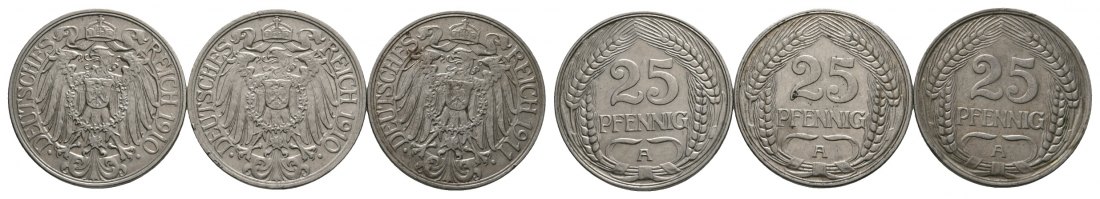  Deutsches Reich; Kaiserreich; Lot Kleinmünzen; 25 Pfennig 1910 /1911 A ( 3 Stück)   