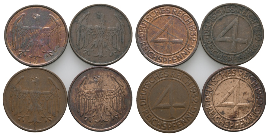  Deutsches Reich; Weimarer Republik; Lot Kleinmünzen; 4 Pfennig 1932 ( 4 Stück)   