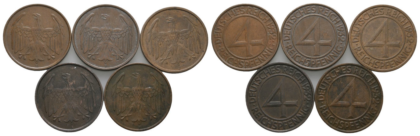 Deutsches Reich; Weimarer Republik; Lot Kleinmünzen; 4 Pfennig 1932 ( 5 Stück)   
