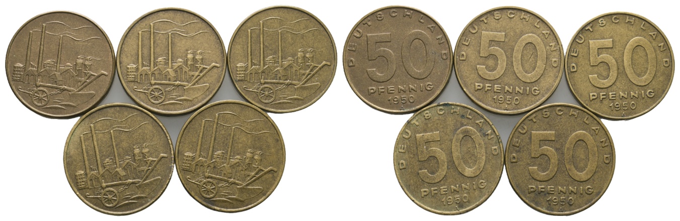  DDR; Lot Kleinmünzen; 50 Pfennig 1950 ( 5 Stück)   