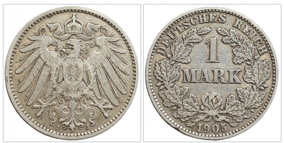  Deutschland 1 Mark, 1905 Münzzeichen: J - Hamburg Silber 5g fein   