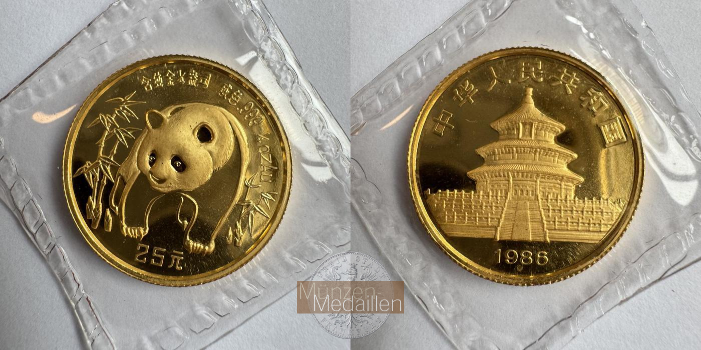 China, Volksrepublik. MM-Frankfurt Feingold: 7,78g - 1/4 Unze 25 Yuan Panda 1986 
