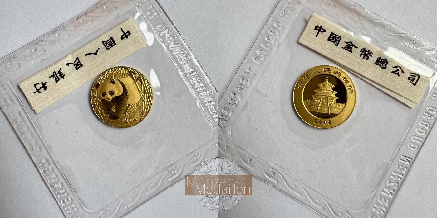 China, Volksrepublik. MM-Frankfurt Feingewicht 1,55g Gold 20 Yuan (Panda) 2002 