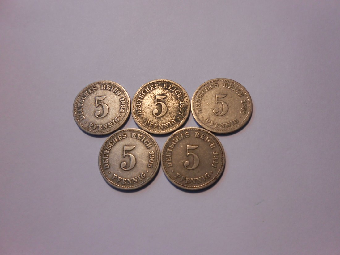 C54.°° Kaiserreich, 5er Lot 5 Pfennig, alle Jäger 12, Prägungen 1894A, 1897G, 1898D, 1906A,1911A