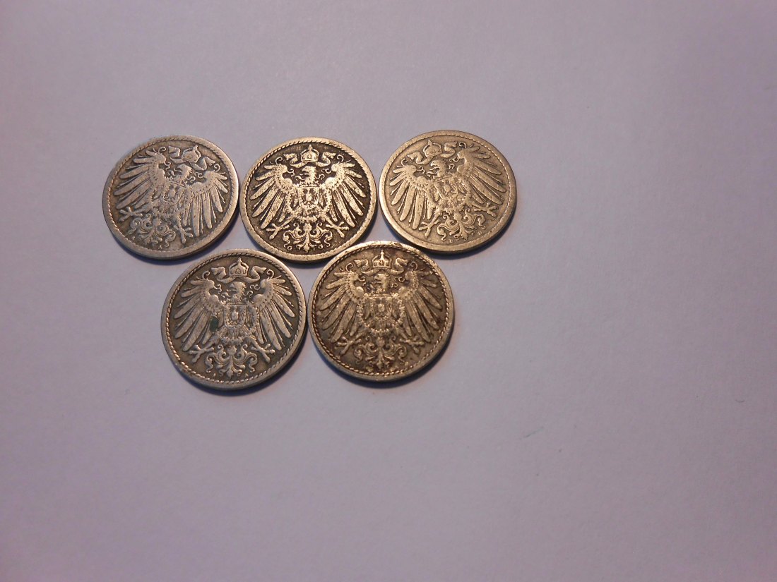  C54.°° Kaiserreich, 5er Lot 5 Pfennig, alle Jäger 12, Prägungen 1894A, 1897G, 1898D, 1906A,1911A   