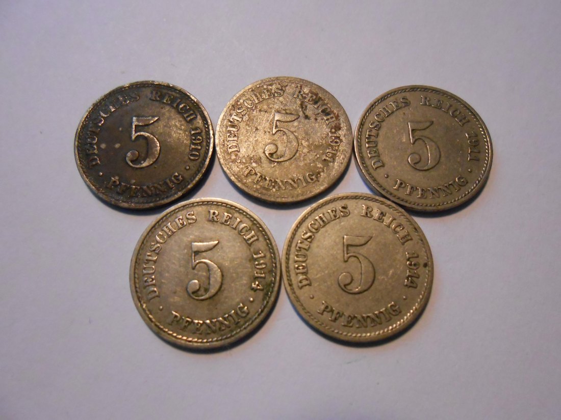C55.°° Kaiserreich, 5er Lot 5 Pfennig, alle Jäger 12, Prägungen 1910D, 1911A, 1911E, 1914A, 1914F