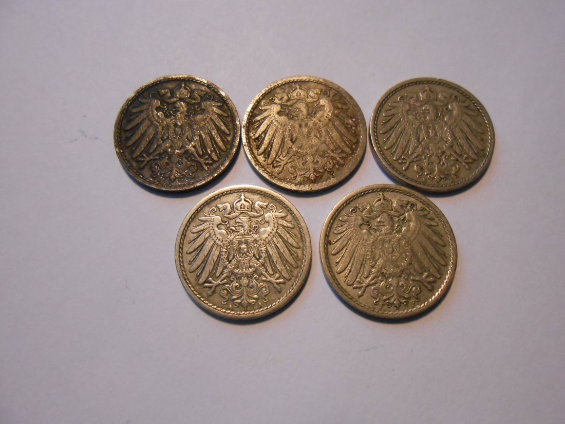  C55.°°  Kaiserreich, 5er Lot 5  Pfennig, alle Jäger 12, Prägungen 1910D, 1911A, 1911E, 1914A, 1914F   