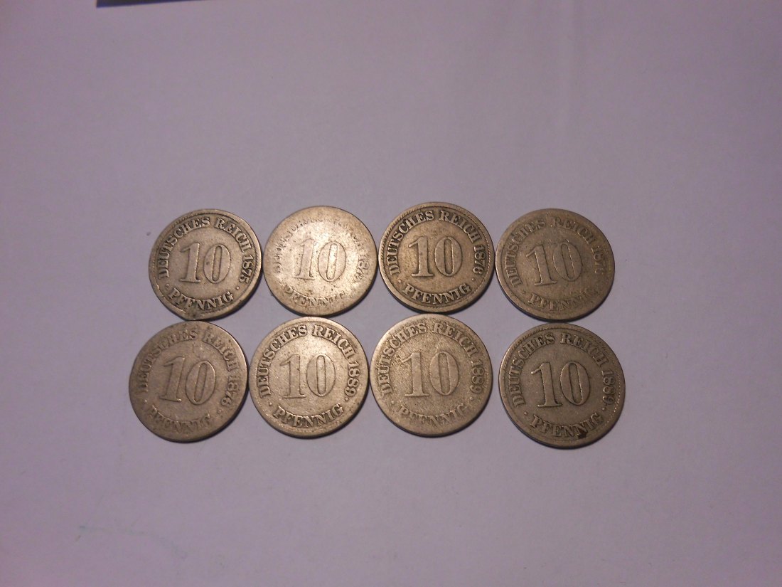 C56.°° Kaiserreich, 8er Lot 10 Pfennig 1875A 1875? 1876A 1876C 1876J 1889A 1889 D 1889J