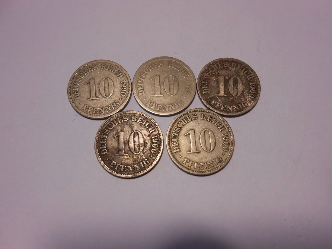 C57.°° Kaiserreich, 5er Lot 10 Pfennig, alle Jäger 13, 1890A 1892D 1900A 1900A 1900D