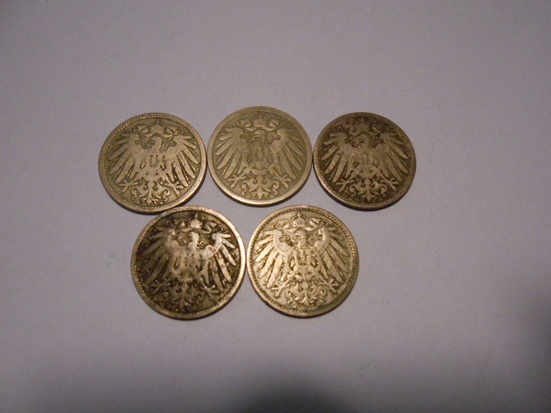  C57.°° Kaiserreich, 5er Lot 10 Pfennig, alle Jäger 13, 1890A 1892D 1900A 1900A 1900D   