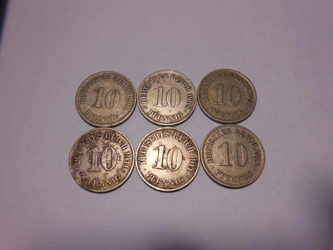C58.°° Kaiserreich, 6er Lot 10 Pfennig, alle Jäger 13, 1900A 1908A 1908D 1911A 1911E 1912D