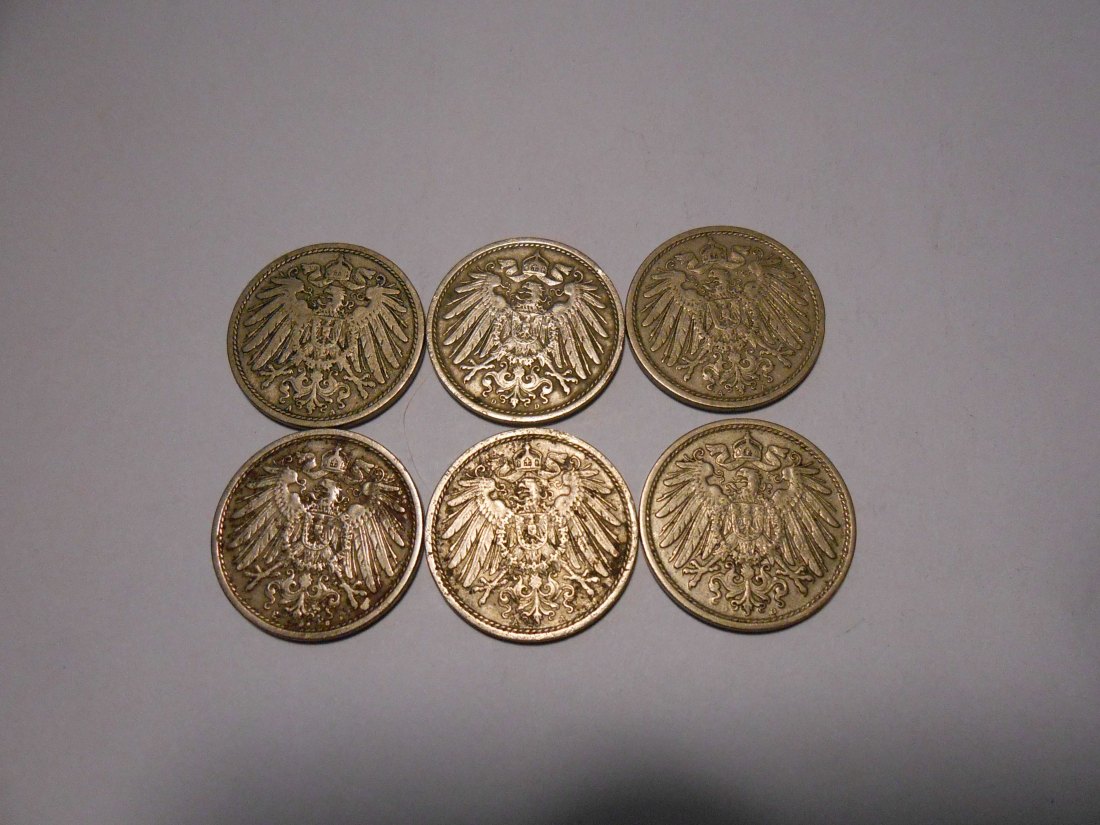  C58.°° Kaiserreich, 6er Lot 10 Pfennig, alle Jäger 13, 1900A 1908A 1908D 1911A 1911E 1912D   