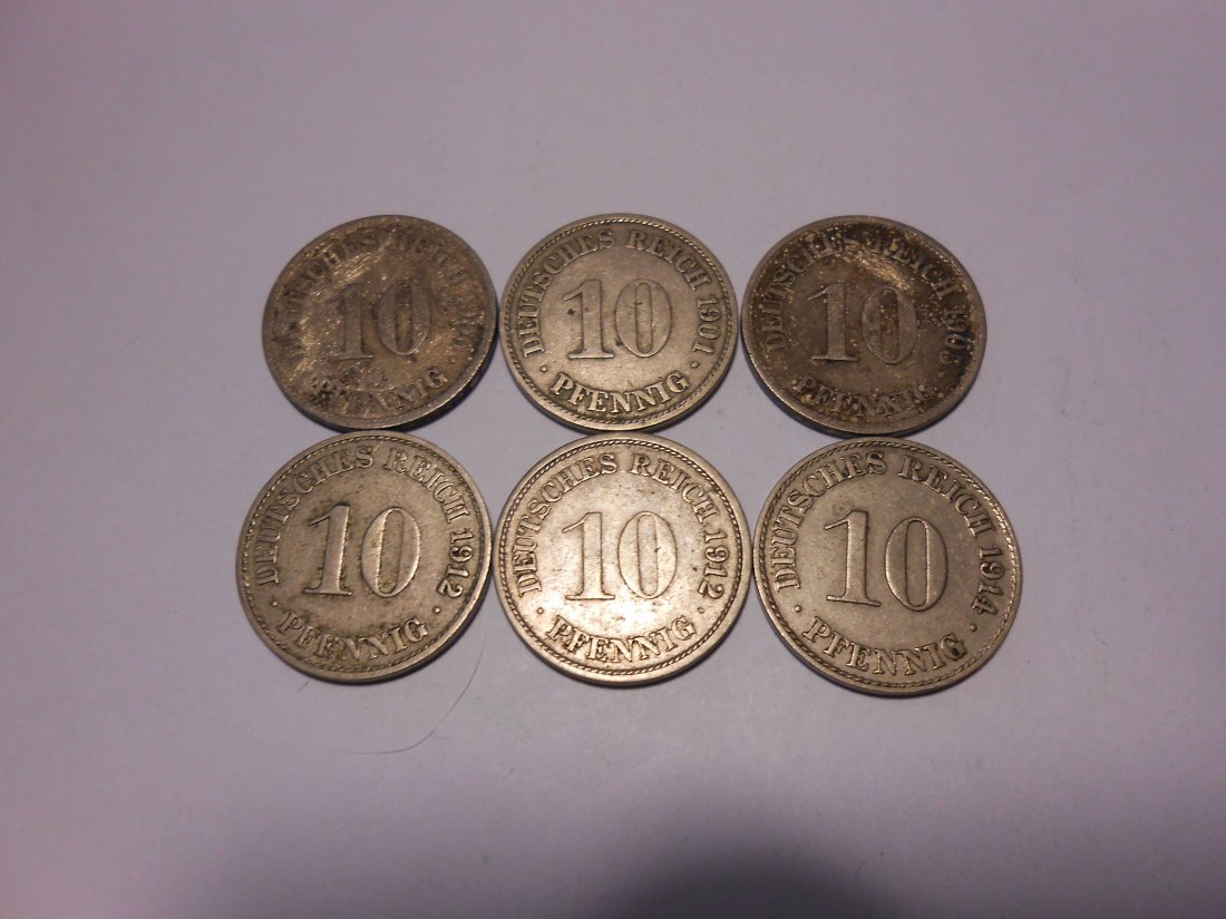C59.°° Kaiserreich, 6er Lot 10 Pfennig, alle Jäger 13, 1900A 1901A 1905 A 1912A 1912F 1914A