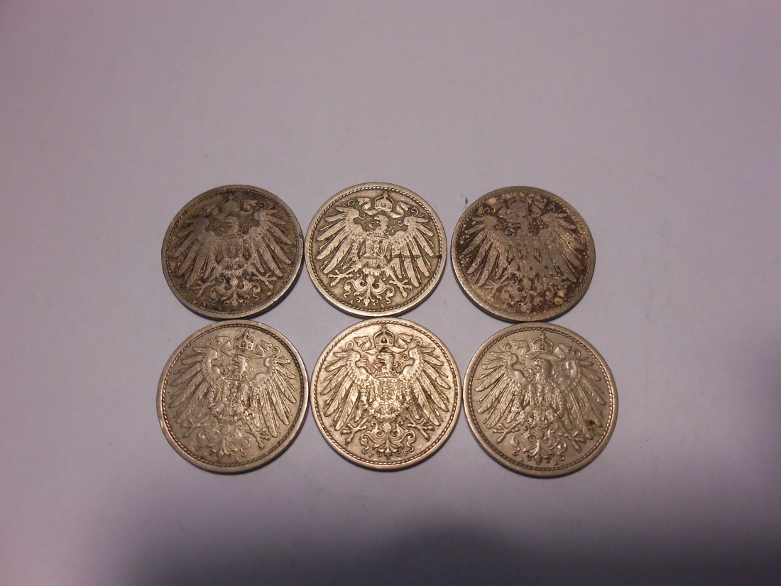  C59.°°  Kaiserreich, 6er Lot 10 Pfennig, alle Jäger 13, 1900A 1901A 1905 A 1912A 1912F 1914A   