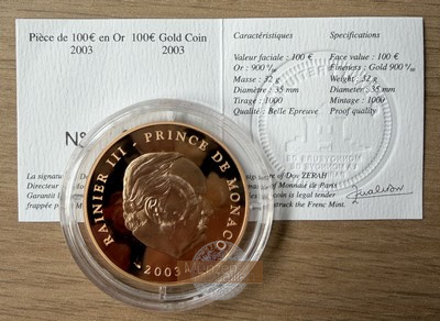 Monaco MM-Frankfurt Feingewicht: 28,8g Gold 100 Euro 2003 pp
