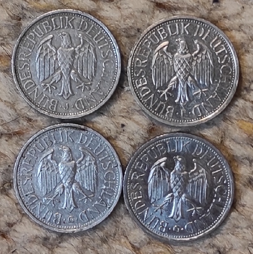  d017: Deutschland 4 x 1 Mark, 1975 J, 1984 F, 1985 G, 1990 G,   