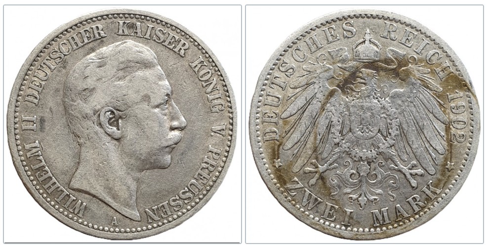  Deutsches Kaiserreich 2 Mark 1902 A Wilhelm II Preussen Silber 10g fein   