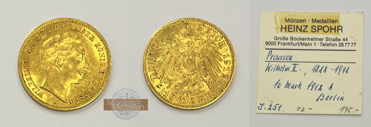 Deutsches Kaiserreich, Preussen MM-Frankfurt KM#520 Feingold: 3,58g Wilhelm II 10 Mark 1912 A 