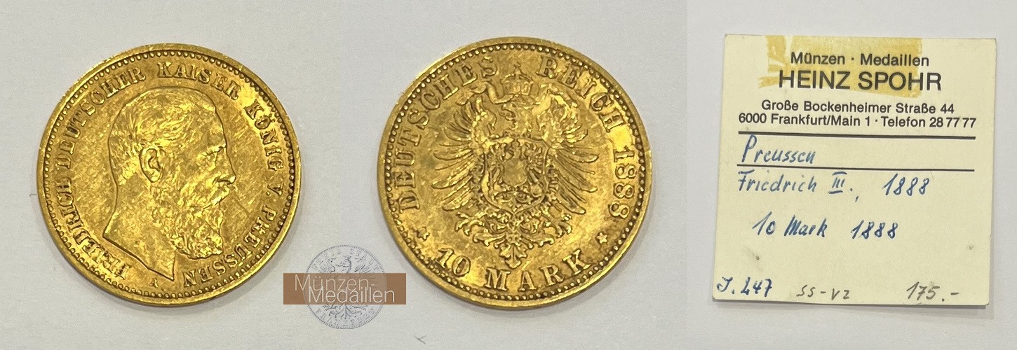 Deutsches Kaiserreich, Preussen. MM-Frankfurt Feingewicht: 3,58g Gold Friedrich III, 10 Mark 1888 A 