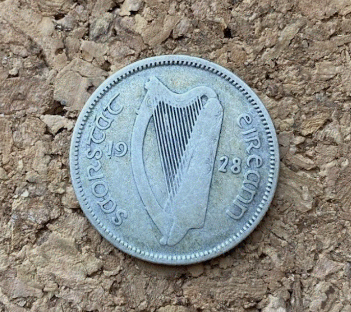  SILBER - Irland 1 Schilling 1928 Freistaat Stier & Harfe - 750 Silber   
