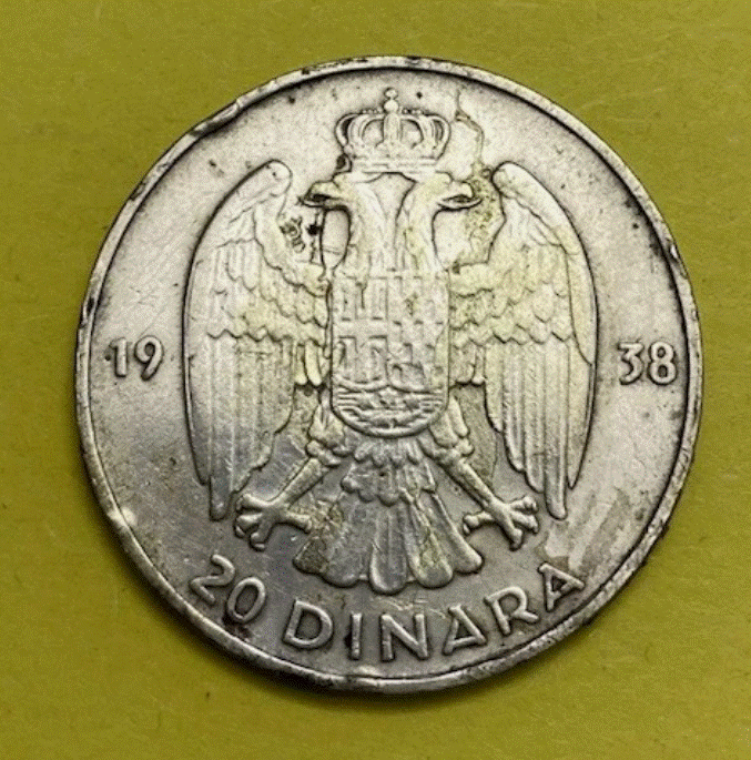  SILBER - Königreich Jugoslawien 20 Dinara 1938 - König Alexander I. - Silber   