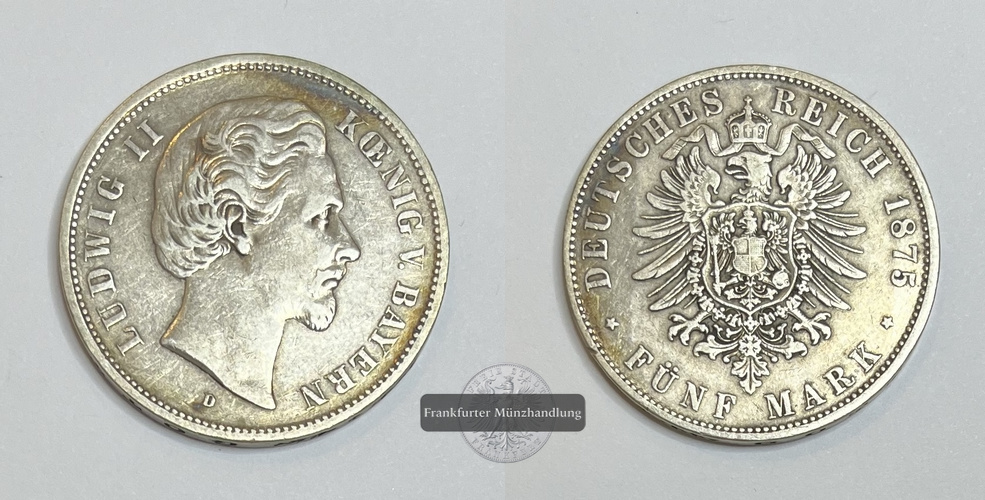  Deutsches Kaiserreich Bayern, Ludwig II.  5 Mark  1875 D  FM-Frankfurt Feinsilber: 25g   