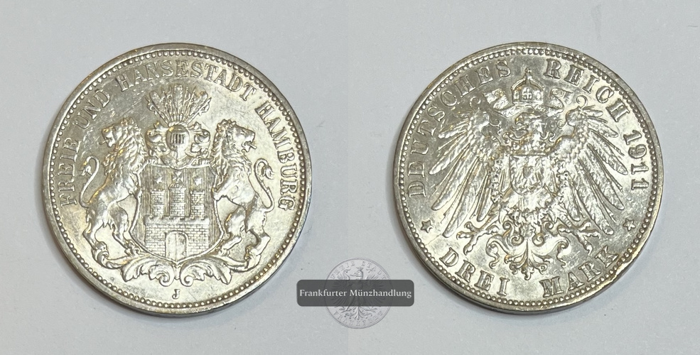  Dt. Kaiserreich Hansestadt Hamburg 3 Mark 1911 J FM-Frankfurt KM#620 Feinsilber: 15g   