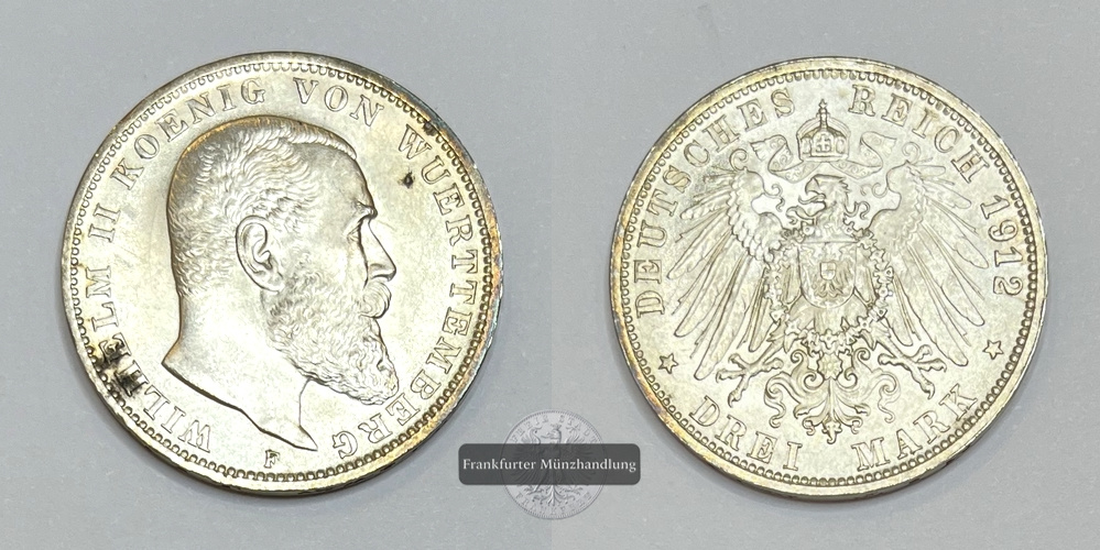  Dt. Kaiserreich Württemberg 3 Mark 1912 Wilhelm II F FM-Frankfurt KM#635 Feinsilber: 15g   