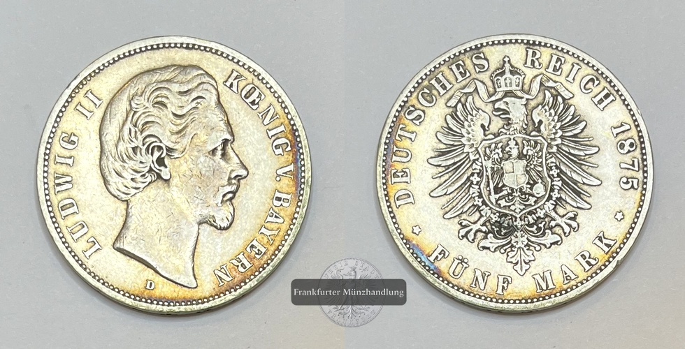  Deutsches Kaiserreich Bayern, Ludwig II.  5 Mark  1875 D  FM-Frankfurt Feinsilber: 25g   