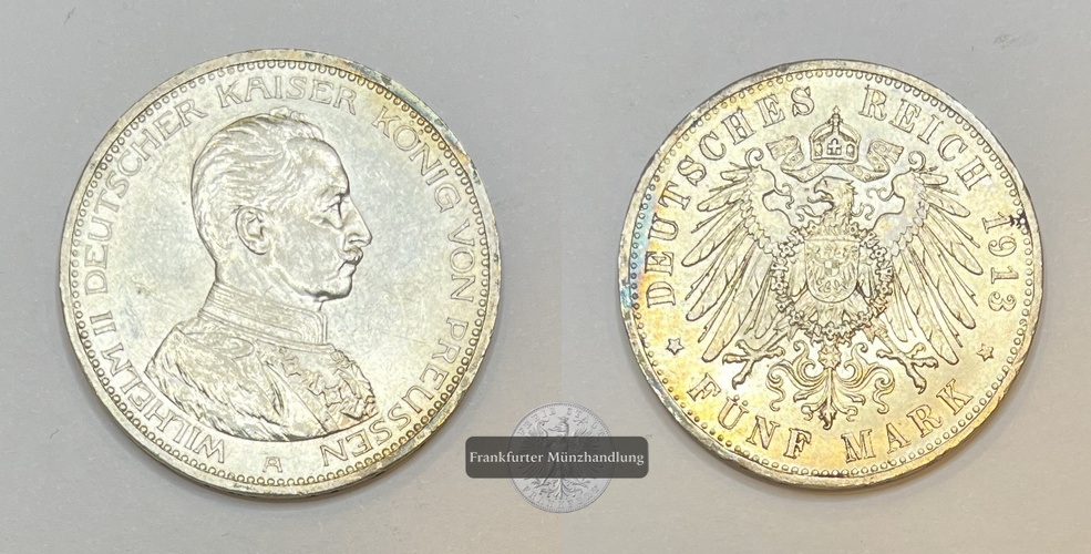  Deutsches Kaiserreich Preussen 5 Mark 1913 A  Wilhelm II. Uniform FM-Frankfurt Feinsilber: 25g   