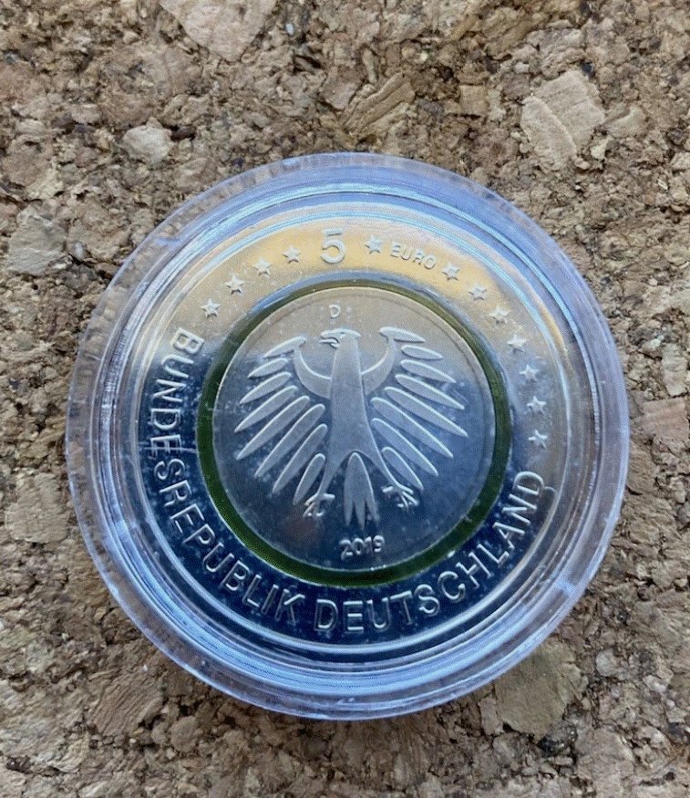  5 Euro 2019 D Gemäßigte Zone - Grüner Polymerring - in Kapsel   